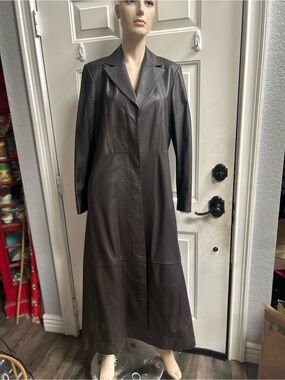 Vericci Classic Long Black Leather Trench Coat Sz